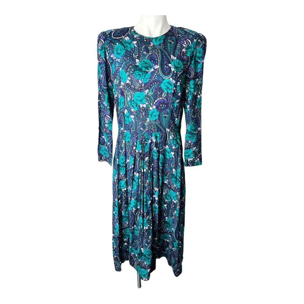 Vintage 80s blue green paisley prairie dress long sleeve pockets size large